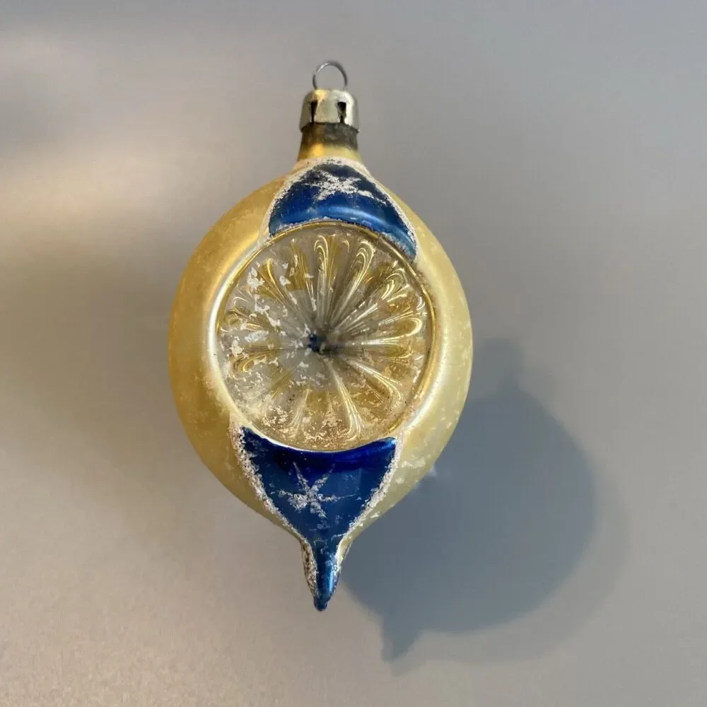 Vintage Hand-Blown Glass Christmas Ornament Teardrop Deep Indent Mica Blue Ivory